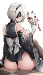 Rule 34 | 2b (nier:automata), absurdres, ass, black panties, blindfold, bow, breasts, fox mask, gloves, hairband, highres, japanese clothes, kurone rinka, large breasts, mask, mole, panties, short hair, underwear, white hair