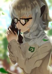 Rule 34 | 1girl, beige sweater, blush, brown gloves, commentary request, engagement ring, gakukuru, glasses, glove in mouth, gloves, unworn gloves, grey hair, grey sweater, japari symbol, kemono friends, looking at viewer, meerkat (kemono friends), meerkat ears, meerkat tail, mouth hold, multicolored hair, ornate ring, ring, short hair, solo, sweater, two-tone hair, two-tone sweater, yellow eyes