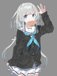 Rule 34 | 1girl, arm up, black cardigan, blue eyes, blue neckerchief, blush, cardigan, closed mouth, commentary request, food, grey background, highres, long hair, long sleeves, looking at viewer, mouth hold, neckerchief, original, pleated skirt, sailor collar, school uniform, serafuku, shirt, silver hair, simple background, skirt, sleeves past wrists, smile, solo, standing, taiyaki, tantan men (dragon), very long hair, wagashi, white sailor collar, white shirt, white skirt