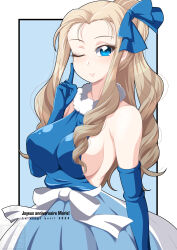 Rule 34 | 1girl, adapted costume, alternate eye color, artist logo, black border, blonde hair, blue background, blue dress, blue eyes, blue gloves, blue ribbon, border, breasts, character name, closed mouth, commentary, dated, dress, drill hair, elbow gloves, french text, fur collar, girls und panzer, gloves, hair ribbon, halter dress, halterneck, happy birthday, highres, ichijou takakiyo, index finger raised, large breasts, long hair, looking at viewer, marie (girls und panzer), one eye closed, outside border, ponytail, ribbon, sash, sideboob, sidelocks, sleeveless, sleeveless dress, smile, solo, standing, translated, white sash