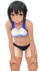 Rule 34 | 1girl, black hair, breasts, brown eyes, buruma, commentary request, hands on own thighs, hashi, leaning forward, looking at viewer, medium breasts, navel, open mouth, original, short hair, solo, sports bikini, stomach, sweat, tan, tanline, track and field, track uniform