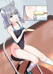 Rule 34 | 1girl, absurdres, animal ear fluff, animal ears, asora shidou, black footwear, black one-piece swimsuit, blue archive, blue eyes, breasts, chair, commentary request, competition swimsuit, covered navel, cross hair ornament, extra ears, fellatio, folding chair, food, grey hair, hair ornament, halo, highres, low ponytail, medium breasts, medium hair, mismatched pupils, multicolored clothes, multicolored swimsuit, official alternate costume, one-piece swimsuit, oral, popsicle, sexually suggestive, shiroko (blue archive), shiroko (swimsuit) (blue archive), shoes, simulated fellatio, sneakers, socks, solo, swimsuit, white socks, wolf ears