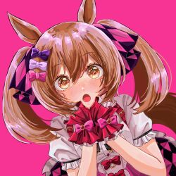 Rule 34 | 1girl, :o, akamaru (0412 03), animal ears, bow, brown eyes, brown hair, commentary request, dutch angle, hair bow, hands on own face, hands up, highres, horse ears, horse girl, horse tail, looking at viewer, open mouth, pink background, pink bow, puffy short sleeves, puffy sleeves, purple bow, red bow, shirt, short sleeves, simple background, smart falcon (umamusume), solo, tail, twintails, umamusume, white shirt, wrist cuffs