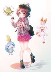 Rule 34 | 1girl, absurdres, backpack, bag, black footwear, blush, brown hair, cardigan, closed mouth, creatures (company), dress, game freak, gen 8 pokemon, geuyeon, gloria (pokemon), green headwear, grey cardigan, grookey, hat, highres, holding, holding poke ball, hooded cardigan, long sleeves, looking at viewer, nintendo, pink dress, poke ball, poke ball (basic), poke ball symbol, pokemon, pokemon (creature), pokemon swsh, pom pom (clothes), scorbunny, shoes, short hair, smile, sobble, socks, standing, standing on one leg, tam o&#039; shanter, yellow eyes