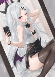 1girl black_bow black_bowtie black_bra black_halo black_horns black_skirt black_thighhighs black_wings blue_archive bow bowtie bra bracelet cellphone dema_hmw flat_chest halo highres hina_(blue_archive) holding holding_phone horns jewelry long_hair looking_at_viewer one_eye_closed open_clothes open_mouth open_shirt pencil_skirt phone purple_eyes shirt sitting skirt smile solo thighhighs thighs underwear very_long_hair white_hair white_shirt wings