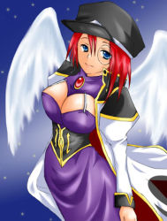 Rule 34 | 00s, 1girl, blue eyes, breasts, cleavage, dress, forte stollen, galaxy angel, hat, large breasts, long dress, military, military uniform, monocle, non-web source, purple dress, red hair, short hair, solo, uniform, wings