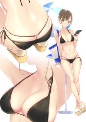 Rule 34 | 1girl, ama mitsuki, arm support, armpits, arms up, ass, bag, ball, bare arms, bare legs, bare shoulders, beachball, bikini, black bikini, black ribbon, blush, bracelet, breasts, brown eyes, brown footwear, brown hair, butt crack, cellphone, cleavage, closed mouth, collarbone, dated, earrings, from above, from behind, full body, gluteal fold, halterneck, jewelry, large breasts, looking at phone, lower body, multiple views, navel, necklace, original, phone, ribbon, sandals, short hair, shoulder bag, side-tie bikini bottom, skindentation, smartphone, smile, squatting, stomach, string bikini, stud earrings, swimsuit, thigh gap, twitter username, wet