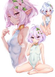 Rule 34 | 1girl, absurdres, antenna hair, bare shoulders, barefoot, blush, breasts, collarbone, covered navel, elf, feet, flower, hair between eyes, hair flower, hair ornament, hand to own mouth, highleg, highleg swimsuit, highres, huge filesize, kokkoro (princess connect!), legs, looking at viewer, multiple views, mushi024, navel, one-piece swimsuit, open mouth, pink eyes, pointy ears, princess connect!, seiza, silver hair, simple background, sitting, small breasts, smile, swimsuit, thighs, white background, white flower, white one-piece swimsuit