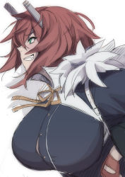 Rule 34 | 1girl, blue oath, blush, breasts, clenched teeth, cleveland (blue oath), fur collar, gloves, green eyes, hair between eyes, headgear, highres, jacket, large breasts, long sleeves, neck ribbon, profile, red gloves, red hair, ribbon, short hair, simple background, solo, teeth, white background, whoosaku, yellow ribbon