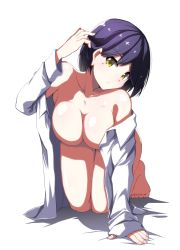 Rule 34 | 1girl, all fours, arm support, bare shoulders, barefoot, bed sheet, bob cut, breasts, cleavage, collared shirt, hair behind ear, hand in own hair, hand up, hanging breasts, head tilt, kaname nagi, kneeling, large breasts, long sleeves, looking at viewer, mole, mole under eye, naked shirt, nijisanji, off shoulder, open clothes, open shirt, parted lips, purple hair, shirt, shizuka rin, short hair, simple background, sleeves past wrists, solo, virtual youtuber, white background, white shirt, yellow eyes