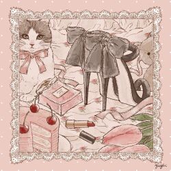 Rule 34 | animal, black bow, border, bottle, bow, cake, cat, cherry, commentary, cosmetics, english text, floral print, flower, food, footwear bow, footwear focus, framed, fruit, glass bottle, grey eyes, high heels, lace, lace border, lace trim, leaf, lipstick, lipstick tube, makeup, no humans, original, ornate border, perfume (cosmetics), perfume bottle, pink border, pink flower, pink ribbon, pink theme, pink tulip, plate, lipstick tube, ribbon, shoes, stiletto heels, straight-on, stuffed animal, stuffed toy, symbol-only commentary, teddy bear, tulip, whiskers, yayoi (frp-y)