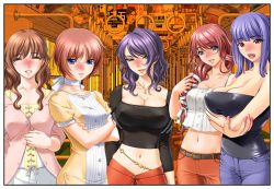 Rule 34 | 00s, 4girls, bare shoulders, belt, blue eyes, blue hair, blush, breast hold, breasts, brown hair, cleavage, closed eyes, covered erect nipples, crossed arms, denim, dress, game cg, happy, hip focus, jeans, large breasts, lineup, long hair, looking at viewer, midriff, multiple girls, navel, open mouth, pants, purple hair, red hair, sano toshihide, short hair, smile, standing, train, tsuma to mama to boin, yellow eyes