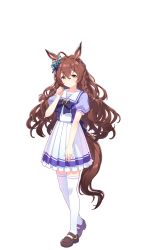 Rule 34 | 1girl, ahoge, animal ears, blush, bow, bowtie, braid, breasts, brown footwear, brown hair, collar, collarbone, collared shirt, ear ornament, frilled skirt, frills, hair between eyes, hair ornament, hand up, highres, horse ears, horse girl, horse tail, horseshoe ornament, loafers, long hair, looking at viewer, medium breasts, mejiro bright (umamusume), official art, pleated skirt, puffy short sleeves, puffy sleeves, purple bow, purple bowtie, purple shirt, ribbon, sailor collar, sailor shirt, school uniform, serafuku, shirt, shoes, short sleeves, simple background, skindentation, skirt, solo, striped clothes, striped skirt, summer uniform, tail, thighhighs, tracen school uniform, transparent background, umamusume, wavy hair, white skirt, white thighhighs, yellow eyes, zettai ryouiki
