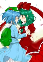 Rule 34 | 2girls, aoi chiruko, backpack, bag, blue hair, bow, commentary request, dress, closed eyes, facing another, frilled ribbon, frills, front ponytail, green bag, green eyes, green hair, green headwear, hair bobbles, hair bow, hair ornament, holding hands, interlocked fingers, kagiyama hina, kawashiro nitori, long sleeves, looking at another, multiple girls, puffy short sleeves, puffy sleeves, red bow, red dress, red ribbon, ribbon, short sleeves, touhou, wrist cuffs, yuri