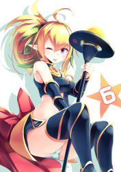 Rule 34 | 1girl, ;p, absurdres, black dress, black legwear, blonde hair, breasts, colored inner hair, detached sleeves, dress, duel monster, green hair, highres, holding, holding staff, kanzakietc, mage staff, multicolored hair, one eye closed, pointy ears, purple eyes, sevens road witch, side ponytail, staff, tongue, tongue out, yu-gi-oh!, yu-gi-oh! sevens