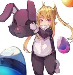 Rule 34 | 1girl, animal costume, animal ears, blonde hair, blush, closed mouth, commentary request, cosplay, egg, fake animal ears, final fantasy, final fantasy xiv, holding, kigurumi, lalafell, long hair, looking at viewer, pointy ears, rabbit costume, rabbit ears, red eyes, sidelocks, simple background, solo, standing, standing on one leg, swept bangs, tota (sizukurubiks), twintails, very long hair, warrior of light (ff14), white background