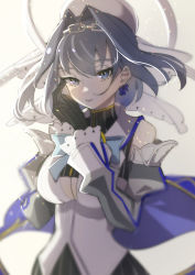 Rule 34 | 1girl, black gloves, black skirt, black sweater, blue cape, blue hair, blue ribbon, blurry, cape, chain, cleavage cutout, clothing cutout, commentary request, depth of field, detached sleeves, gloves, hair intakes, halo, headband, highres, hololive, hololive english, longlong (drasdr7513), mechanical halo, ouro kronii, ribbon, ribbon earrings, shirt, short hair, skirt, sleeveless, sleeveless shirt, solo, sweater, turtleneck, turtleneck sweater, veil, virtual youtuber, white sleeves