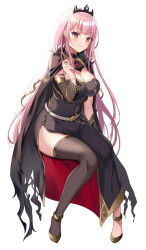 Rule 34 | 1girl, anklet, arm at side, belt, black cape, black dress, black thighhighs, blush, breasts, brown footwear, cape, cleavage, closed mouth, commentary, detached sleeves, dress, full body, harimoji, highres, hololive, hololive english, invisible chair, jewelry, large breasts, long hair, long sleeves, looking at viewer, mori calliope, pelvic curtain, red eyes, see-through, shoulder spikes, single thighhigh, sitting, smile, solo, spikes, straight hair, thighhighs, tiara, veil, very long hair, virtual youtuber