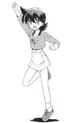 Rule 34 | 1girl, bakuten shoot beyblade, beyblade, blush, clenched hand, dress, greyscale, hand up, highres, long sleeves, medium hair, miniskirt, monochrome, open mouth, shirt, simple background, skirt, solo, standing, tachibana hiromi, white background