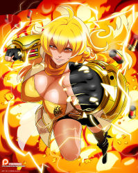 Rule 34 | 1girl, ahoge, ammunition, aura, bike shorts, blonde hair, boots, breasts, bridal gauntlets, brown eyes, bullet, bullet casing, cleavage, cyberunique, electricity, explosion, female focus, fingerless gauntlets, fingerless gloves, fire, gauntlets, gloves, glowing, gun, hanging breasts, large breasts, looking at viewer, perspective, rwby, scarf, shell casing, shotgun, shotgun shell, solo, sparks, weapon, wrist gun, yang xiao long