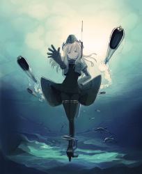 Rule 34 | 2girls, air bubble, animal, black dress, black legwear, blue eyes, blue gloves, blue hat, blue jacket, bubble, cropped jacket, day, dolphin, dress, fish, garrison cap, gloves, hair between eyes, hand on own hip, hat, highres, i-58 (kancolle), jacket, kantai collection, kokudou juunigou, light brown hair, long hair, long sleeves, multiple girls, open clothes, open jacket, outdoors, outstretched arm, pantyhose, pleated dress, solo focus, standing, torpedo, type 95 torpedo, u-511 (kancolle), underwater, very long hair