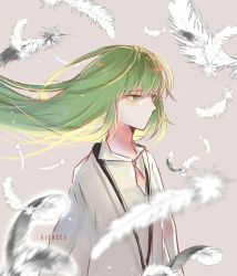 Rule 34 | 1other, artist name, enkidu (fate), fate/grand order, fate (series), feathers, green eyes, green hair, highres, long hair, matching hair/eyes, profile, solo, standing, upper body, white feathers, xionsca