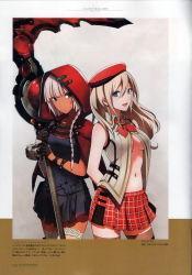 Rule 34 | 10s, 2girls, absurdres, alisa ilinichina amiella, arms behind back, bandages, beret, black gloves, boots, braid, breasts, cloak, collarbone, dark-skinned female, dark skin, dress, gloves, god eater, god eater 2: rage burst, hat, highres, holding, holding weapon, hood, hooded cloak, livie collet, long hair, looking at viewer, medium breasts, midriff, miniskirt, multiple girls, navel, non-web source, official art, open mouth, scan, scythe, short dress, sideboob, single braid, skirt, smile, thigh boots, thighhighs, weapon, white hair, white legwear, zettai ryouiki