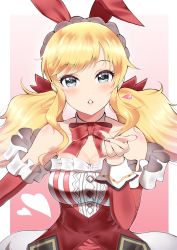 Rule 34 | 1girl, animal ears, bare shoulders, blonde hair, blue eyes, blush, border, bow, bowtie, breasts, cleavage, collarbone, detached collar, detached sleeves, fake animal ears, gradient background, hand up, heart, highres, idolmaster, idolmaster cinderella girls, large breasts, long hair, looking at viewer, maid headdress, ohtsuki yui, ookami maito, red background, red bow, red bowtie, solo, teeth, twintails, upper body, white border