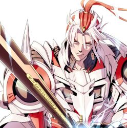 Rule 34 | 1boy, autobot, drift (transformers), forrd0101, humanization, katana, long hair, looking at viewer, machinery, male focus, personification, simple background, solo, sword, transformers, upper body, weapon, white background, white hair, wings