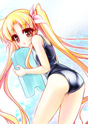Rule 34 | 00s, ass, bad id, bad pixiv id, blonde hair, fate testarossa, flat chest, hair ribbon, kickboard, long hair, looking back, lyrical nanoha, mahou shoujo lyrical nanoha, one-piece swimsuit, red eyes, ribbon, school swimsuit, solo, swimsuit, teruui, twintails