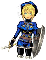 Rule 34 | belt, blonde hair, blue eyes, boots, character request, fantasy earth zero, fbc, hat, pantyhose, shield, short hair, solo, sword, thigh boots, thighhighs, weapon