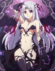Rule 34 | 1girl, alternate costume, arm up, armpits, black gloves, black thighhighs, breasts, chaos (shinkai no valkyrie), chuunioniika, elbow gloves, forehead jewel, gloves, headgear, highres, jewelry, light purple hair, light smile, living clothes, long hair, medium breasts, navel, necklace, oracle (shinkai no valkyrie), pendant, purple eyes, revealing clothes, shinkai no valkyrie, showgirl skirt, solo, thigh gap, thighhighs, wings