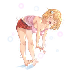 Rule 34 | 1girl, absurdres, barefoot, blonde hair, blush, breasts, closed eyes, full body, hair ornament, hanging breasts, highres, hololive, hololive english, honkivampy, large breasts, leaning forward, motion lines, no bra, open mouth, short hair, short shorts, shorts, smile, solo, strap slip, tank top, virtual youtuber, watson amelia