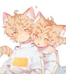Rule 34 | 2boys, absurdres, animal ears, blonde hair, blush, brothers, cat boy, cat ears, cat tail, fangs, heart, highres, long sleeves, male focus, matching outfits, multiple boys, open mouth, original, paki2000, shirt, short hair, siblings, tail, twins, white background, white shirt, yellow eyes