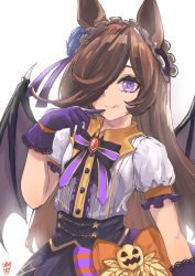 Rule 34 | 1girl, :q, absurdres, animal ears, artist logo, black skirt, bow, brown hair, brown wings, center frills, closed mouth, collared shirt, commentary request, demon wings, dress shirt, frills, gloves, hair over one eye, halloween, hand up, highres, horse ears, lace, lace-trimmed gloves, lace trim, long hair, looking at viewer, official alternate costume, ootato, orange bow, puffy short sleeves, puffy sleeves, purple eyes, purple gloves, rice shower (make up vampire!) (umamusume), rice shower (umamusume), shirt, short sleeves, simple background, skirt, smile, solo, tongue, tongue out, umamusume, very long hair, white background, white shirt, wings