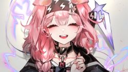Rule 34 | 1girl, animal ears, arknights, black collar, black hairband, black jacket, blush, braid, cat ears, closed eyes, collar, commentary, extra ears, facing viewer, floppy ears, goldenglow (arknights), grey background, hair ornament, hairband, hairclip, hand up, highres, jacket, lightning, lightning bolt print, long hair, open mouth, pink hair, portrait, ribiadan, simple background, smile, solo, teeth, upper teeth only