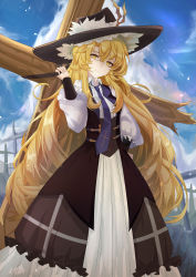 Rule 34 | 1girl, absurdres, adapted costume, black hat, blonde hair, brown dress, brown vest, closed mouth, commentary, cross, cross print, dress, english commentary, fedora, frilled dress, frilled hat, frills, hat, hat feather, highres, holding, holding cross, jacket girl (dipp), long hair, long sleeves, necktie, outdoors, oversized object, penglai de yu, purple necktie, shirt, touhou, very long hair, vest, white shirt, yellow eyes