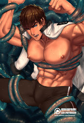Rule 34 | 1boy, abs, alternate pectoral size, arkapami, bara, bare pectorals, black male swimwear, blue eyes, blush, bound, bound legs, bound wrists, brown hair, bulge, commentary, english commentary, feet out of frame, highres, large pectorals, legskin, looking at viewer, lu bu (seven knights), male focus, male swimwear, muscular, muscular male, navel, nipples, open clothes, open shirt, paid reward available, pectorals, seven knights, short hair, solo, spread legs, stomach, tentacles, tentacles on male, thick thighs, thighs, wet