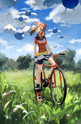 Rule 34 | 1girl, absurdres, bad id, bad pixiv id, bicycle, bike shorts, blue sky, brown hair, cloud, cloudy sky, creatures (company), day, flying sweatdrops, game freak, gen 3 pokemon, gloves, grass, highres, ligton1225, may (pokemon), medium hair, nintendo, open mouth, outdoors, pokemon, pokemon (creature), pokemon rse, red footwear, sky, smile, swablu, tree, white gloves