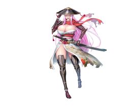 Rule 34 | 1girl, absurdres, bare legs, boots, breasts, cleavage, curvy, demon girl, floating hair, full body, gauntlets, gloves, hat, highres, holding, holding sword, holding weapon, horns, huge breasts, japanese clothes, katana, lilith-soft, long hair, looking at viewer, no bra, obui, oni, oni horns, open mouth, pink hair, rice hat, samurai, sharp teeth, shiny skin, simple background, sokushitsuki, standing, sword, taimanin (series), taimanin rpgx, teeth, thong, very long hair, weapon, white background, yellow eyes
