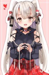 Rule 34 | 1girl, alternate costume, amatsukaze (kancolle), blush, brown eyes, calin, heart, heart-shaped lock, heart lock (kantai collection), highres, kantai collection, long hair, long sleeves, looking at viewer, open mouth, plaid, plaid skirt, red skirt, silver hair, skirt, smile, solo, two side up, upper body