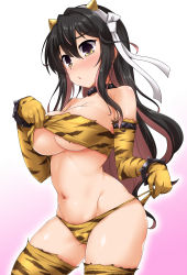 Rule 34 | 1girl, alternate costume, animal print, bandeau, bikini, bikini pull, black hair, blush, bracelet, breasts, clothes pull, elbow gloves, gloves, gradient background, hair between eyes, hair ribbon, headband, highres, horns, jewelry, kantai collection, large breasts, lifted by self, long hair, multicolored hair, naganami (kancolle), navel, oni horns, open mouth, outline, pink background, pink hair, pulled by self, ribbon, setsubun, solo, spiked bracelet, spikes, stomach, strapless, strapless bikini, swimsuit, thighhighs, thighs, tiger print, two-tone hair, very long hair, wavy hair, white background, white outline, yellow bikini, yellow eyes, yellow thighhighs, yoshi tama
