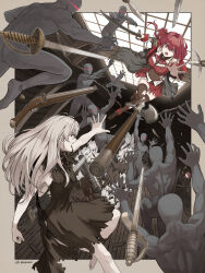 2girls 6+others absurdres ankle_boots antique_firearm ascot axe barefoot battle battle_axe belt black_coat black_dress boots border breasts brown_belt brown_footwear brown_leotard brown_thighhighs cannon character_doll coat commentary_request cropped_jacket cutlass dagger dead_ma&#039;am&#039;s_chest_(houshou_marine) dress epaulettes eye_trail feet firearm firelock flintlock floating floating_hair floating_object floating_weapon fold-over_boots glowing glowing_eyes grey_border grey_hair gun hair_ribbon heart heterochromia highres holding holding_sword holding_weapon hololive houshou_kumarine houshou_marine houshou_marine_(1st_costume) jacket knife large_breasts leotard leotard_under_clothes light_trail long_hair moto_oji-san multiple_girls multiple_others musket open_clothes open_coat open_hand open_mouth outside_border outstretched_arm pleated_skirt red_ascot red_eyes red_hair red_jacket red_ribbon red_skirt ribbon rifle see-through_clothes see-through_leotard ship_interior skirt skull_cup sleeveless sleeveless_dress sleeveless_jacket sword thighhighs toes torn_clothes torn_coat torn_dress torn_skirt torn_thighhighs twitter_username v-shaped_eyebrows virtual_youtuber weapon yellow_eyes