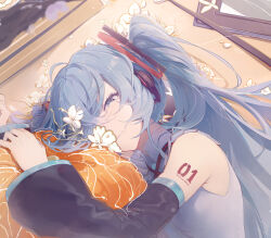 Rule 34 | 1girl, blue eyes, blue hair, detached sleeves, flower, hair ornament, hatsune miku, highres, light smile, lying, number tattoo, on side, solo, tattoo, twintails, vocaloid, white flower, yi ren fen mu