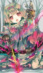 Rule 34 | 1girl, absurdres, arrow (projectile), blonde hair, bow, bow (weapon), cha goma, charging, fang, fire, fire, frills, gloves, glowing, hair bow, highres, kneeling, lace, lace-trimmed legwear, lace-trimmed ribbon, lace trim, leaning forward, looking at viewer, multicolored eyes, necktie, open mouth, original, poncho, quiver, red eyes, ribbon, short hair, snowing, solo, sparkle, thighhighs, weapon, white thighhighs, zettai ryouiki