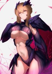 Rule 34 | 1girl, armor, artoria pendragon (fate), artoria pendragon (lancer alter) (fate), blonde hair, breasts, cape, cowboy shot, fate/grand order, fate (series), gauntlets, gluteal fold, horns, kameponde, large breasts, light smile, looking at viewer, navel, parted lips, pauldrons, shoulder armor, solo, stomach, underboob, yellow eyes