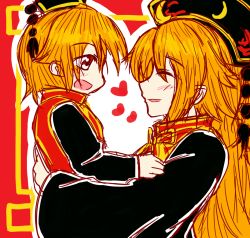 Rule 34 | 1boy, 1girl, :d, black dress, bofeng, closed eyes, dress, heart, hug, junko (touhou), kide koushin, kidekoshin, lifting another&#039;s clothes, long hair, looking at another, mother and daughter, mother and son, open mouth, orange hair, red eyes, smile, tabard, touhou