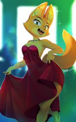 Rule 34 | 1girl, absurdres, animal ear fluff, animal ears, animal feet, animal nose, artist name, bare shoulders, barefoot, blurry, blurry background, body fur, breasts, claws, cleavage, clothes lift, curtsey, dated, diane foxington, dress, dress lift, eyebrow piercing, fangs, female focus, fox ears, fox girl, fox tail, furry, furry female, green eyes, happy, highres, jewelry, leg up, lifted by self, looking at viewer, medium breasts, necklace, open mouth, orange fur, piercing, pinky out, red dress, signature, smile, snout, solo, sparkle, standing, standing on one leg, strapless, strapless dress, tail, teeth, the bad guys (film), tongue, two-tone fur, yellow fur, yuio58ok
