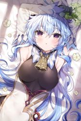 Rule 34 | 1girl, arm up, armpits, bare shoulders, bed sheet, bell, black bodysuit, black gloves, blue hair, blush, bodysuit, breasts, commentary, cowbell, detached sleeves, flower, ganyu (genshin impact), genshin impact, gloves, hair between eyes, highres, holding, holding leaf, leaf, long hair, long sleeves, looking at viewer, lying, mafuyu (chibi21), medium breasts, on back, parted lips, purple eyes, sleeves past wrists, solo, upper body, very long hair, white flower, white sleeves, wide sleeves
