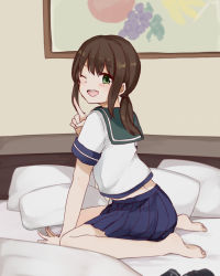 Rule 34 | 1girl, ;d, bag, bare legs, barefoot, bed, bed sheet, black legwear, blanket, blue skirt, blush, drawing (object), fubuki (kancolle), highres, hiroe (cosmos blue-02 421), index finger raised, indoors, kantai collection, leaning forward, long hair, looking at viewer, low ponytail, no legwear, on bed, one eye closed, open mouth, picture frame, pleated skirt, round teeth, school uniform, serafuku, shirt, short sleeves, sidelocks, sitting, skirt, smile, solo, teeth, unworn thighhighs, wariza, white shirt